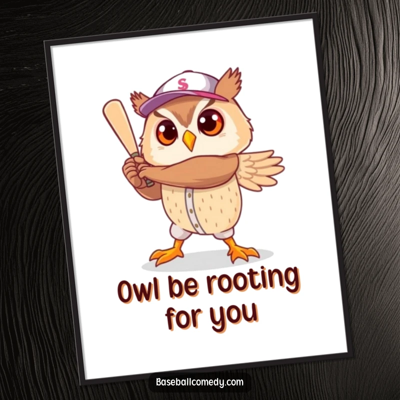 Funny free printable wall art: A cute owl character strikes an incredibly heroic baseball player pose, looking ready for the big leagues.