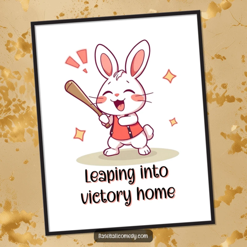 Funny Free Printable Wall Art: An excited rabbit mid-swing, hitting a home run with a massive cheer, perfect for a sports fan.