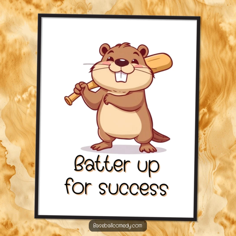 Funny Free Printable Wall Art: Determined beaver in baseball uniform, swinging a tiny bat with a hopeful grin.