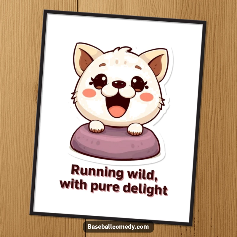 Funny Free Printable Wall Art: A cute cartoon animal expertly steals a baseball base, eyes sparkling with playful determination.