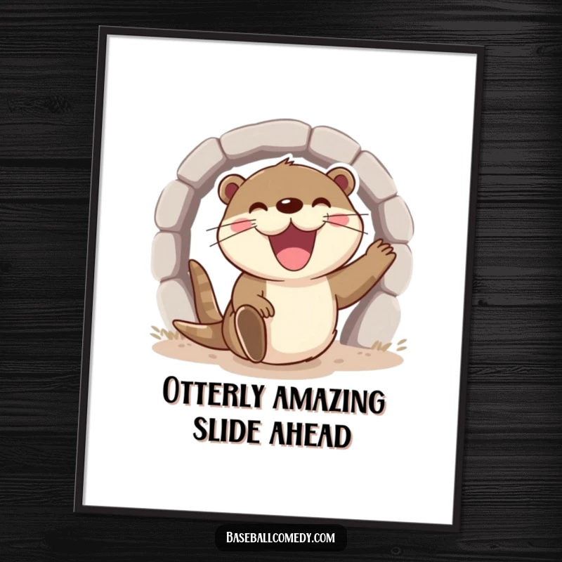 Funny Free Printable Wall Art: An excited otter sliding into home base, its face lit up with a massive, joyful grin.