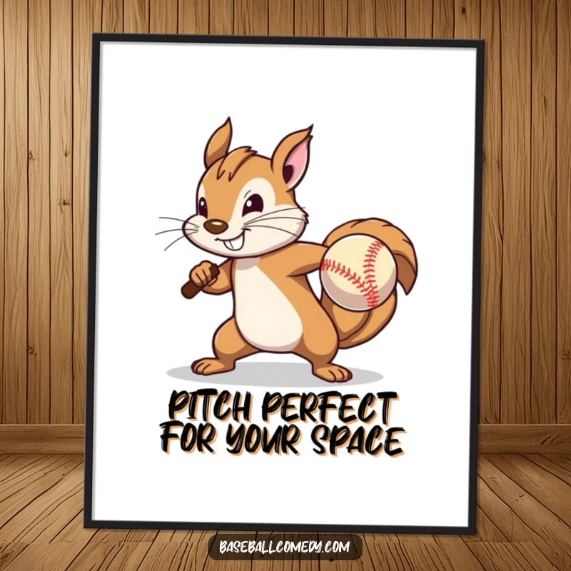 Funny Free Printable Wall Art: A determined squirrel pitching a baseball with great effort, adding energetic humor to decor.