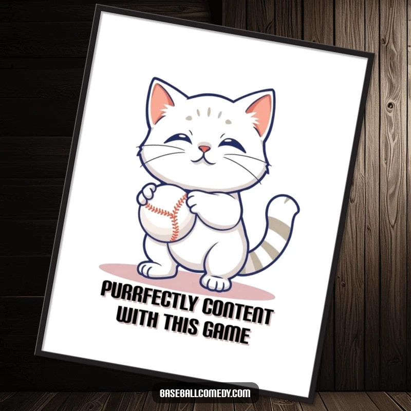 Funny Free Printable Wall Art: Content cat playfully batting at a baseball, cute and humorous downloadable art for cat lovers.