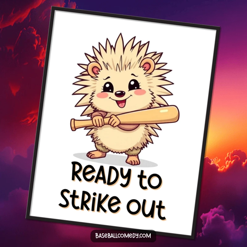 Funny Free Printable Cheerful Porcupine Holding Baseball Bat Wall Art, ready for the game, downloadable decor.