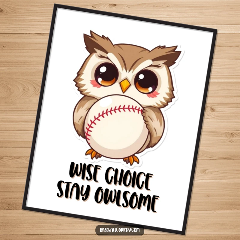 Funny Free Printable Wall Art: Curious owl with huge eyes staring at a baseball, humorous downloadable art for your walls.