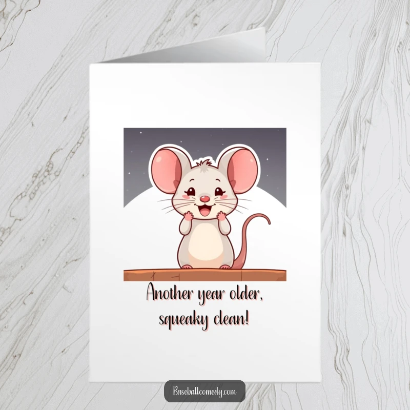 Funny Free Printable Birthday Card: A curious mouse peeks from the dugout, cheering enthusiastically for a birthday.