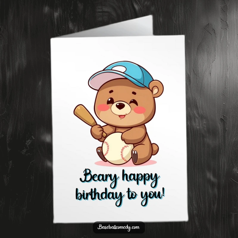 Funny Free Printable Birthday Card: Smiling bear in a baseball cap, humorously batting a ball, ready for a celebration.