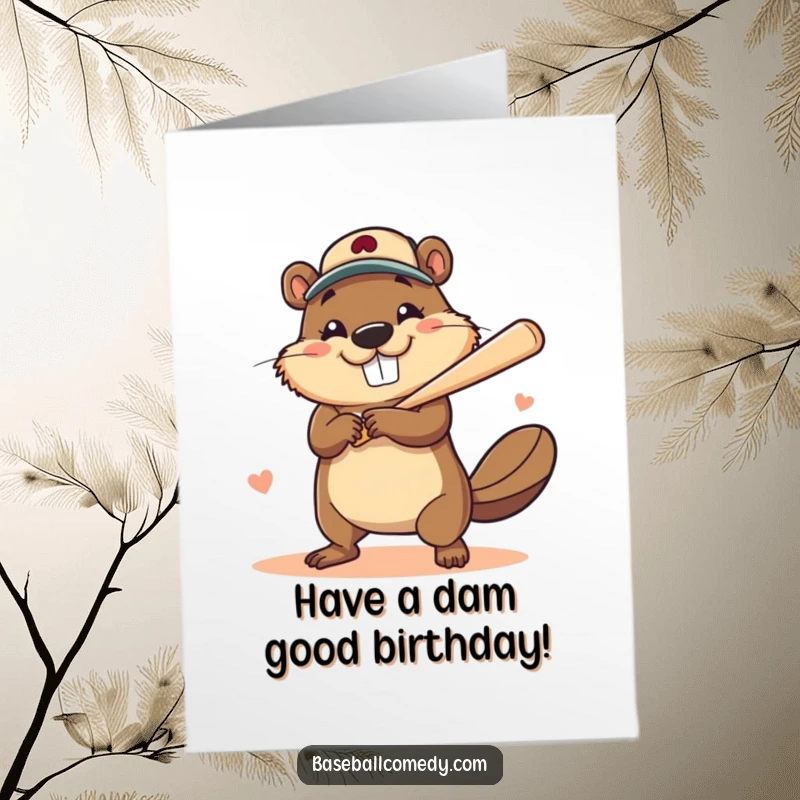 Funny Free Printable Birthday Card: Brave beaver with a huge smile hitting a home run, a celebratory downloadable gift.