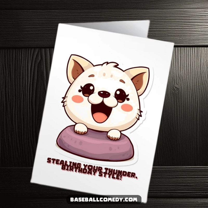 Funny Free Printable Birthday Card: A cute cartoon animal slyly steals a baseball base, eyes wide with playful mischief.