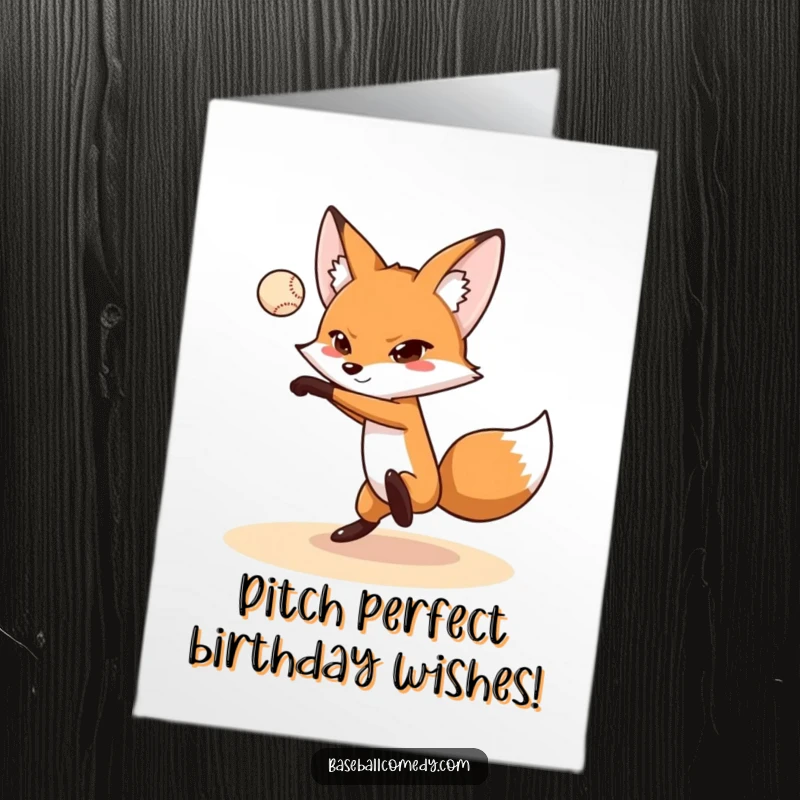 Funny Free Printable Birthday Card: A focused fox in mid-pitch, throwing a baseball with intense concentration.