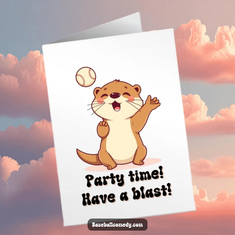 Funny Free Printable Birthday Card: A playful otter expertly juggles multiple baseballs, celebrating your special day with skill.