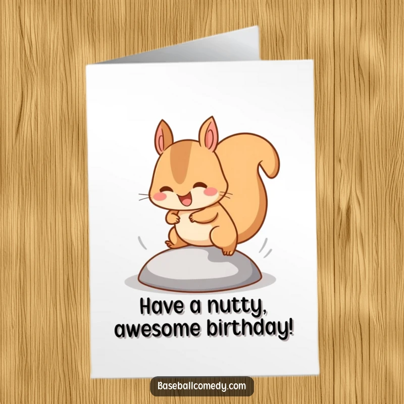 Funny Free Printable Birthday Card: Happy squirrel with legs pumping, stealing a baseball base, mid-run.