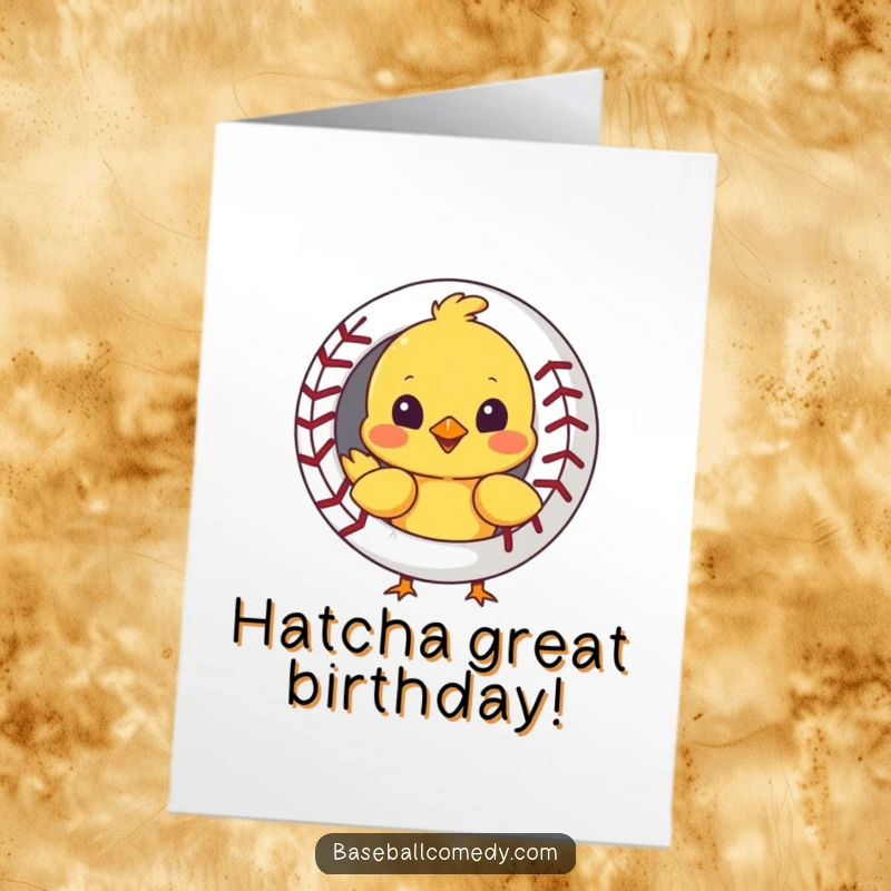 Funny Free Printable Curious Chick Peeking Behind Baseball Birthday Card, sweet and playful, great DIY gift.