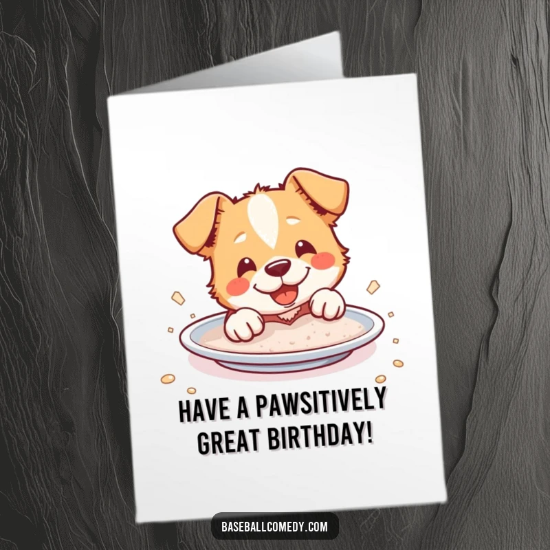 Funny Free Printable Birthday Card: Cheerful dog sliding into home plate covered in dust, celebrating a birthday with excitement.