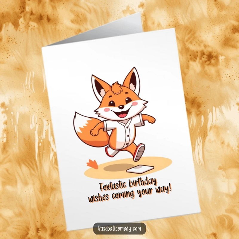 Funny Free Printable Birthday Card: Grinning fox sprinting around bases, full of energy, celebrating a special day.
