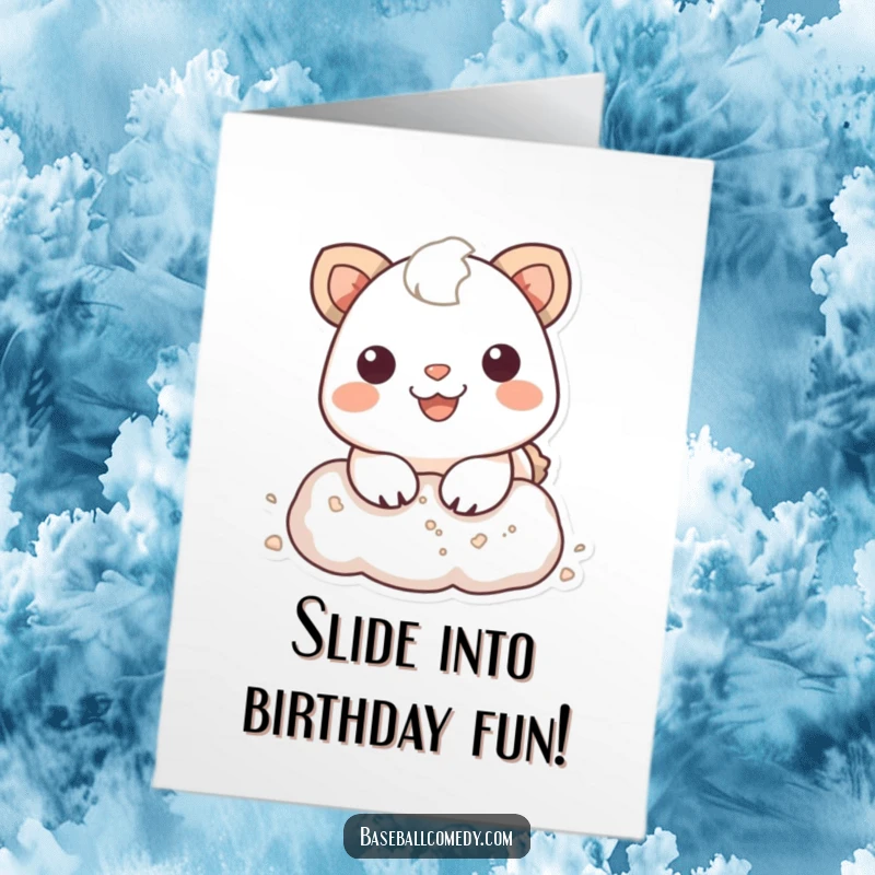Funny Free Printable Birthday Card: Smiling animal sliding into a baseball base, kicking up a dust cloud in celebration.