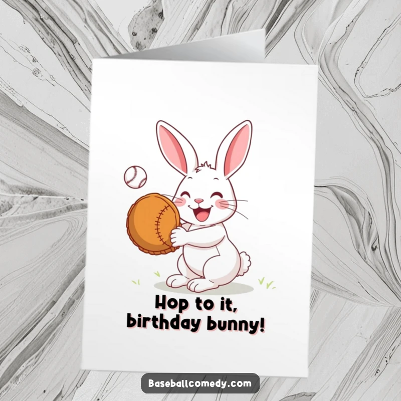 Funny Free Printable Birthday Card: Joyful rabbit with an oversized mitt, catching a baseball, celebrating a special day.