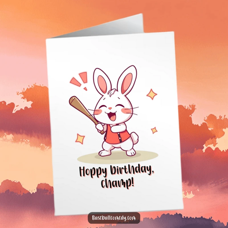 Funny Free Printable Birthday Card: Excited rabbit hitting a home run, cheering wildly with joy, celebrating a birthday win.