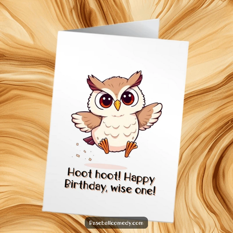 Funny Free Printable Owl Birthday Card: Smiling owl running bases fast, energetic, celebratory, speed theme.