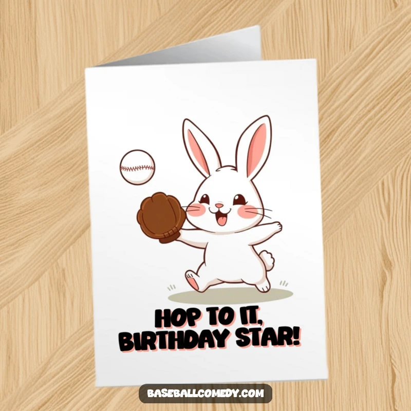 Funny Free Printable Birthday Card: Determined rabbit with a baseball glove fiercely catches a ball, focused and ready.