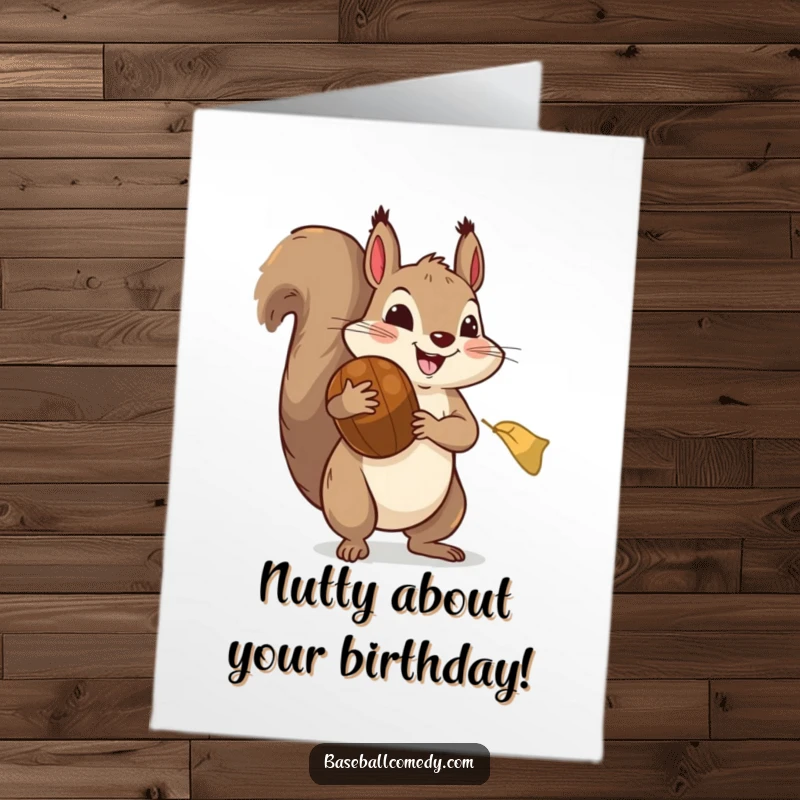 Funny free printable birthday card: A happy squirrel in a huge baseball mitt snagging a giant acorn. Perfect for any baseball lover.