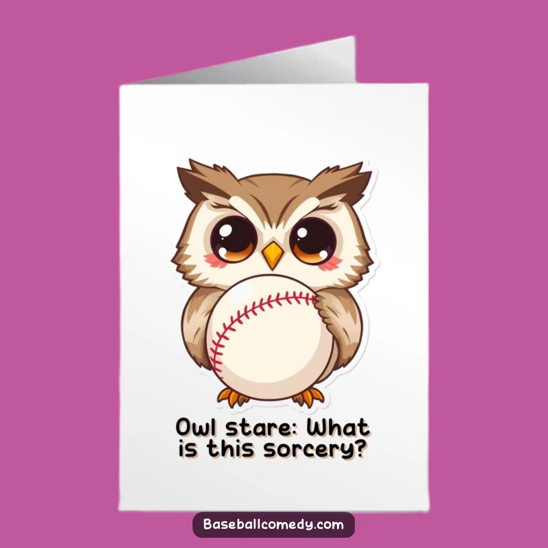 Free Printable Owl Birthday Card: Funny Curious Owl Looking at Baseball Downloadable Gift