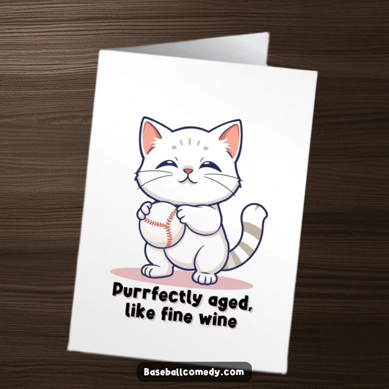 Funny Free Printable Birthday Card: Content cat playfully batting at a baseball, adorable and humorous downloadable gift.