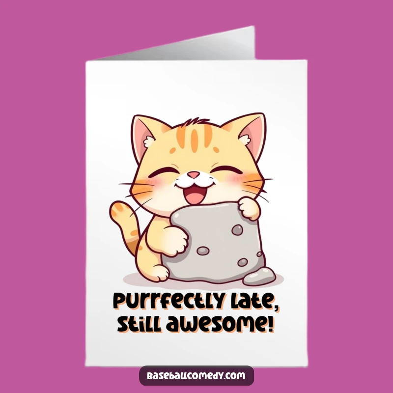 Free Printable Birthday Card: Giggling Cat Stealing Base - Funny Downloadable Gift!