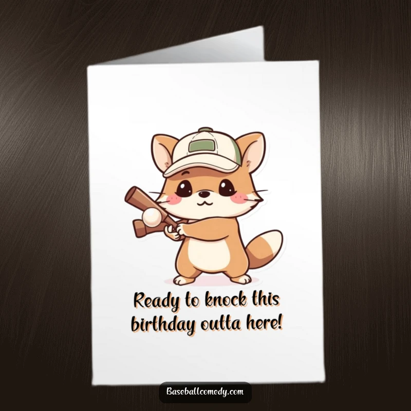 Funny Free Printable Birthday Card: A determined cartoon animal in a cap bats a small ball with intense focus.