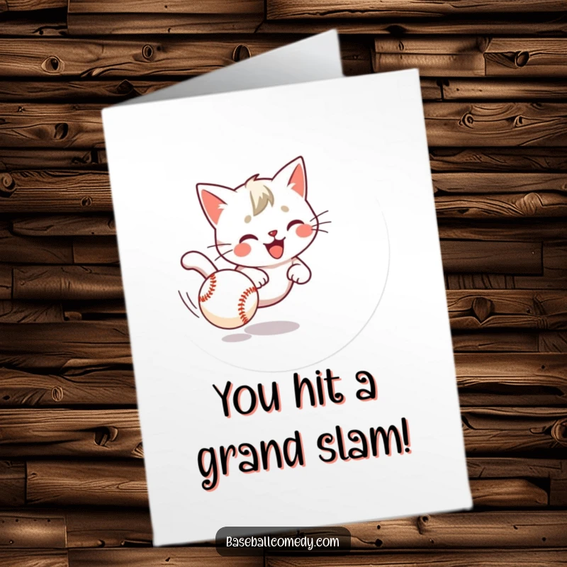 Funny Free Printable Congratulations Card: Mischievous cat on the prowl, chasing a baseball, celebrating your big win.