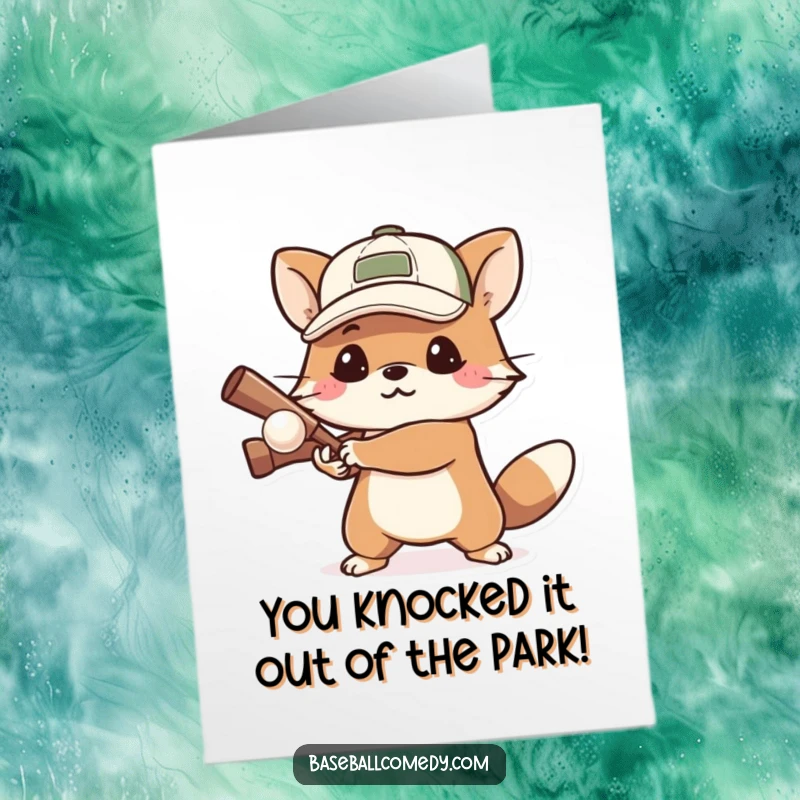 Funny Free Printable Congratulations Card: A focused cartoon animal wearing a cap powerfully bats a small ball, signaling victory.