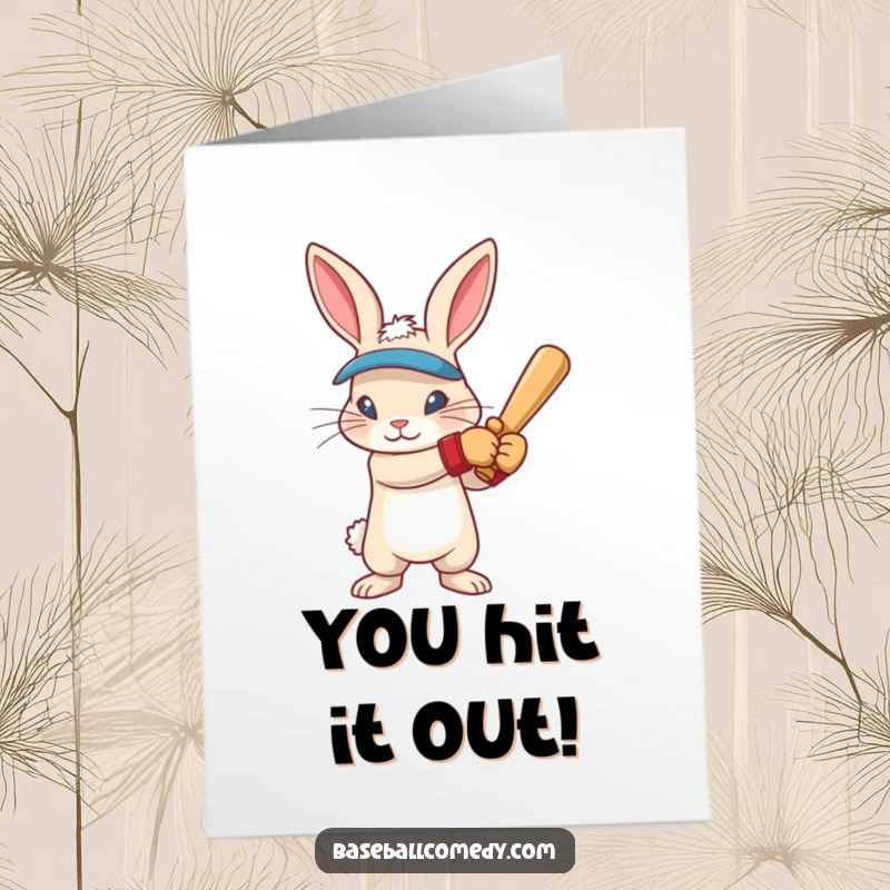 Funny Free Printable Congratulations Card: Rabbit in batting gloves, intense focus, ready to swing, celebrating success.
