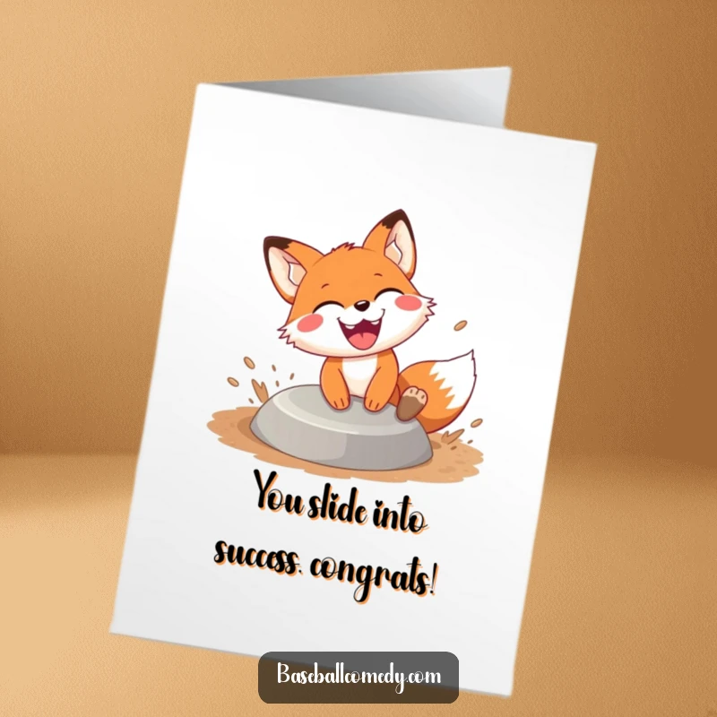 Funny Free Printable Congratulations Card: Fox slides into baseball base with a huge grin, dirt flying, celebrating victory.