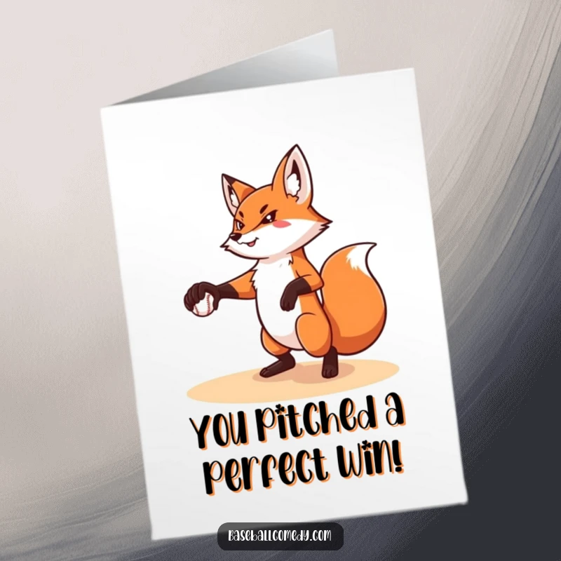 Funny Free Printable Congrats Card: A determined fox in a pitching stance, throwing a baseball with pinpoint accuracy.
