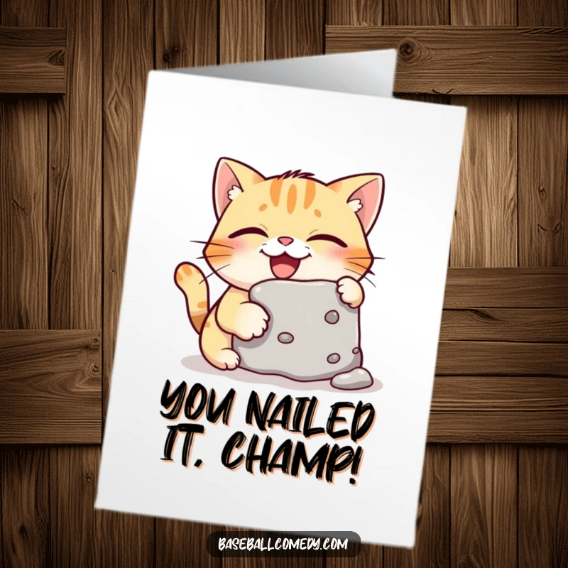 Funny Free Printable Congratulations Card: A mischievous cat grins while stealing a base, perfect for celebrating wins.