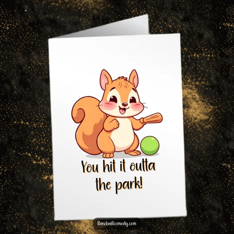 Funny Free Printable Congratulations Card: Adorable squirrel triumphantly swings a tiny bat, celebrating your big win with gusto.