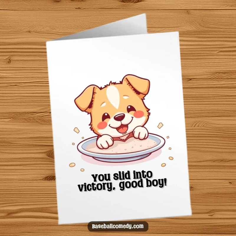 Funny Free Printable Congratulations Card: Cheerful dog sliding into home plate covered in dust, celebrating achievement humorously.