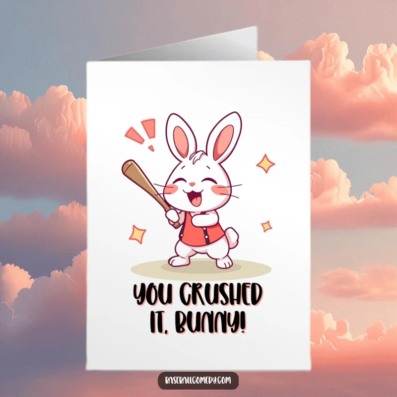 Funny Free Printable Congratulations Card: A rabbit triumphantly hitting a home run, cheering loudly, celebrating a huge win.