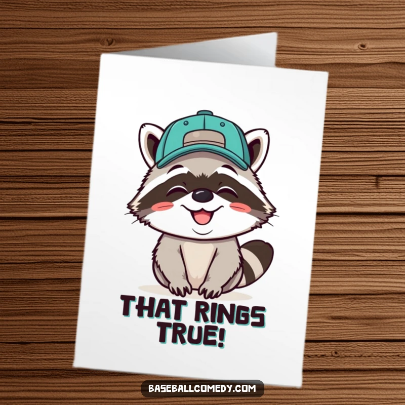 Funny Free Printable Giggling Raccoon Baseball Cap Backwards Congratulations Card, grinning with success, an awesome downloadable gift.