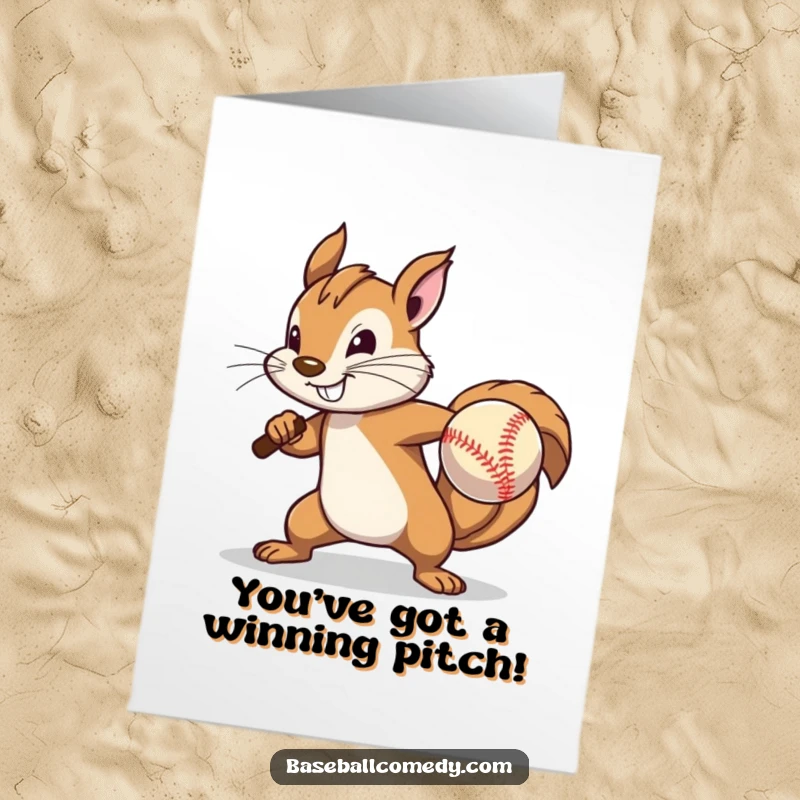 Funny Free Printable Congratulations Card: Determined squirrel pitching baseball with great effort, celebrating a victory humorously.