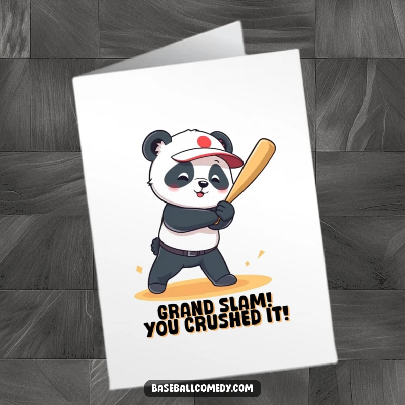 Funny Free Printable Congrats Card: A jubilant panda launching a baseball over the fence for a grand slam.