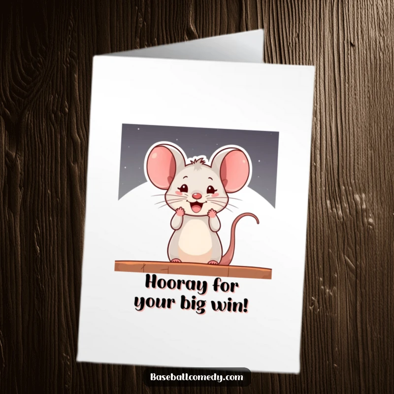 Funny Free Printable Congratulations Card: A curious mouse cheers from the dugout, celebrating a happy occasion.