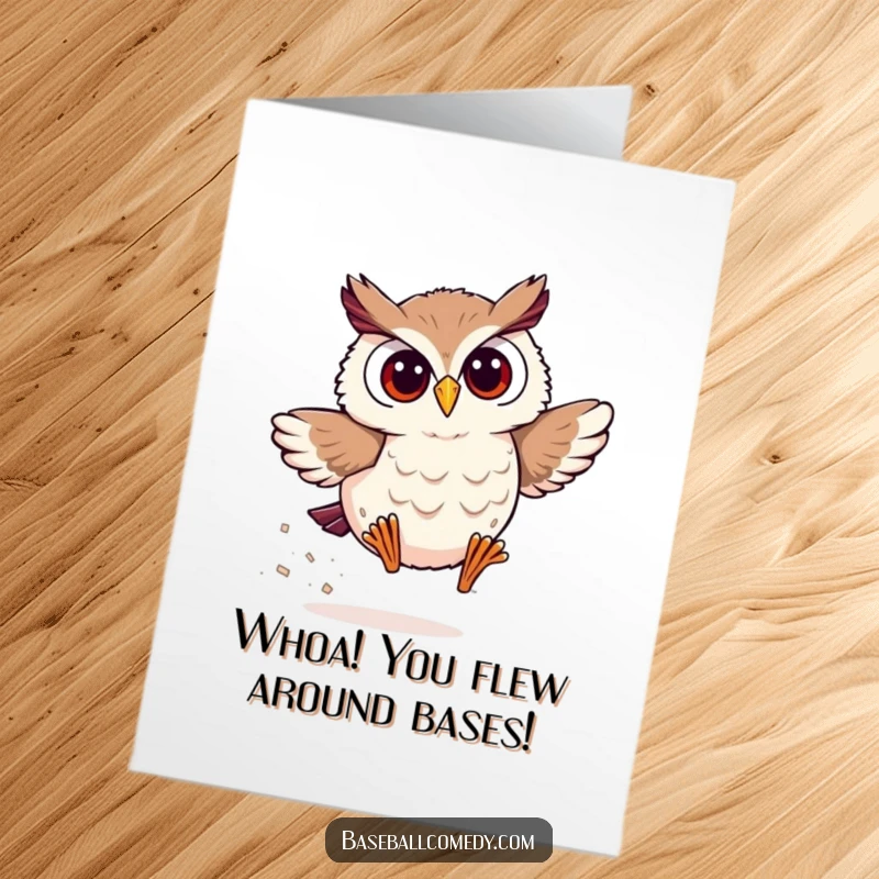 Funny Free Printable Owl Congratulations Card: Smiling owl rounding bases quickly, celebrating a fast win.
