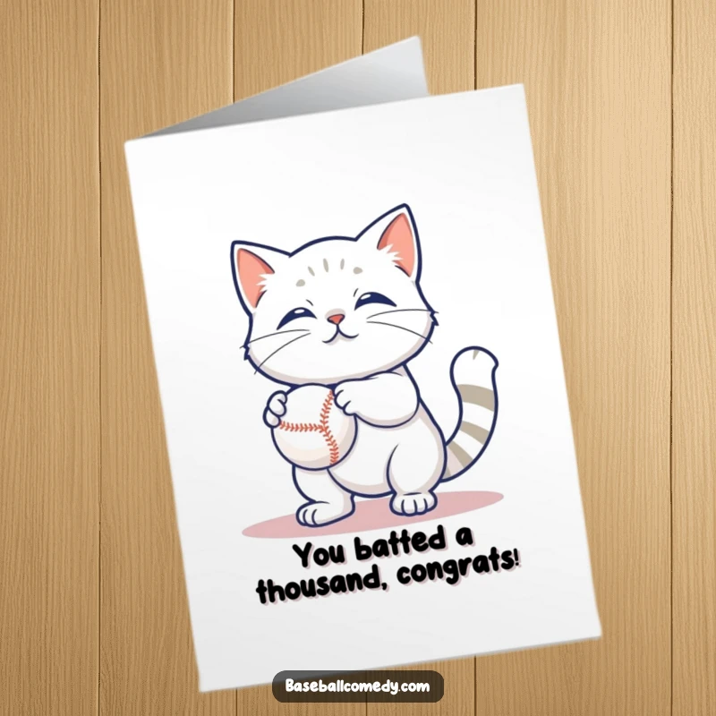 Funny Free Printable Congratulations Card: Content cat batting at a baseball, a cute and funny way to congratulate, DOWNLOADABLE.