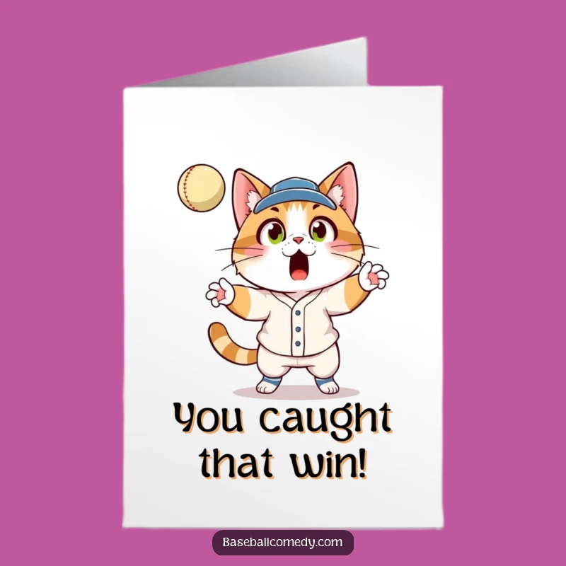 Free Printable Congrats Card: Shocked Cat Catcher, Whimsical Baseball Humor Gift