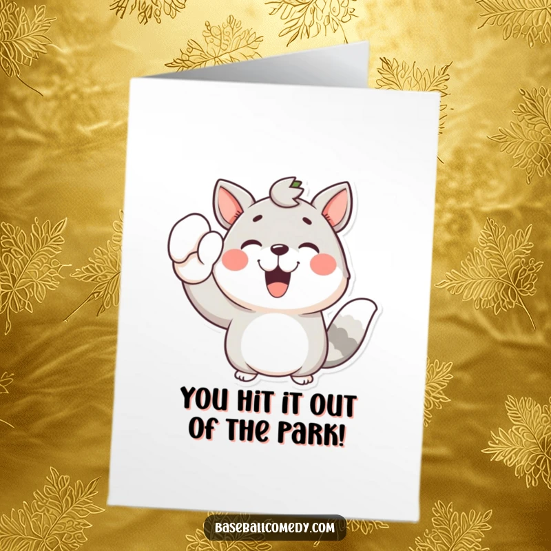 Funny Free Printable Congratulations Card: A happy cartoon animal raises a mitt in victory, cheering for a spectacular achievement.