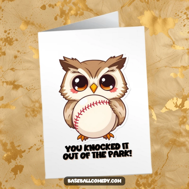 Funny Free Printable Congratulations Card: Curious owl wide-eyed at a baseball, perfect for congratulating someone, DOWNLOADABLE.