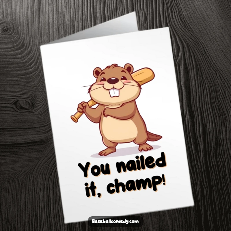 Funny Free Printable Congratulations Card: Determined beaver in baseball gear swinging a bat, celebrating a win.