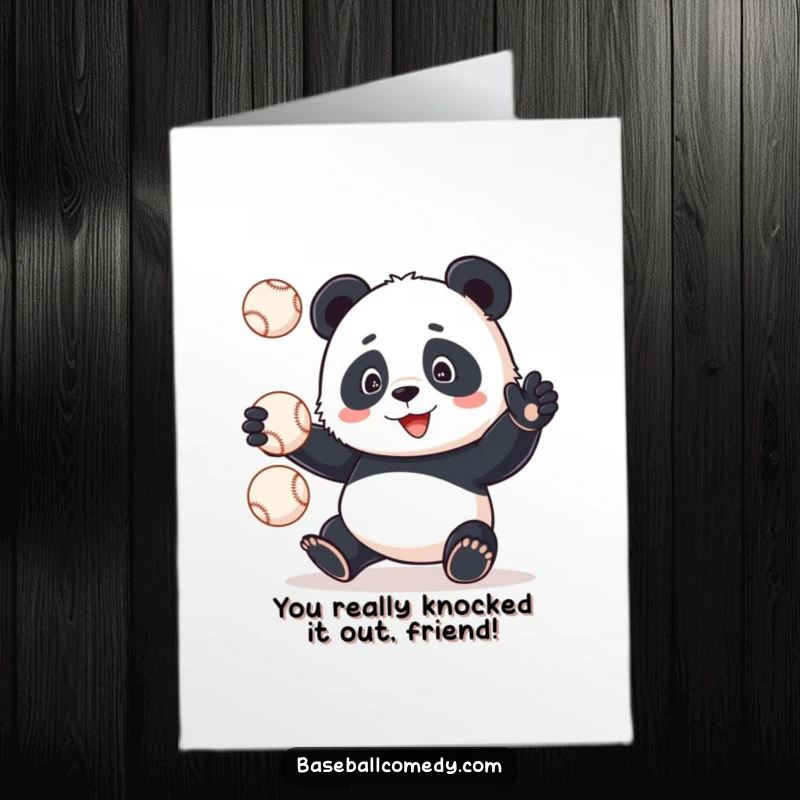 Amusing Free Printable Panda attempting to juggle multiple baseballs, conveying congrats with humor.