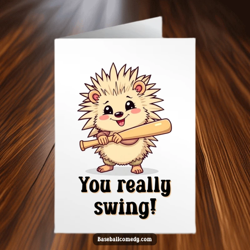 Funny Free Printable Cheerful Porcupine Holding Baseball Bat Congratulations Card, poised to celebrate, an amazing downloadable gift.